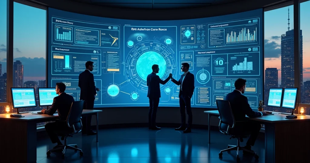 Painel corporativo exibindo robôs de software automatizando processos empresariais