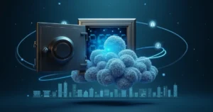 Cofre metálico flutuando sobre nuvem digital protegendo pastas de negócios