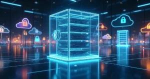 Cofre digital transparente protegendo dados em múltiplas nuvens coloridas