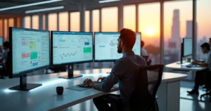 Sala de suporte ao cliente com painel digital de atendimento omnicanal