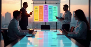 Executivos brasileiros analisando tabela de planos do Zoho CRM em painel digital