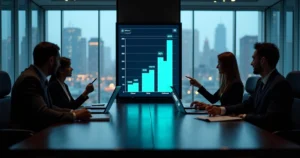 Mesa de reunião corporativa com painel vertical comparando soluções de segurança endpoint