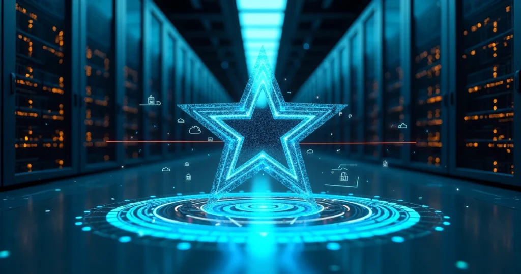 Visão aérea de datacenter moderno com rede digital em forma de estrela protegendo fluxos de dados