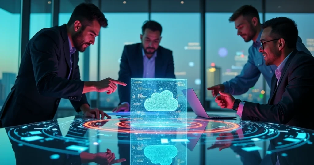 Equipe de tecnologia colaborando com hologramas de código nuvem e segurança