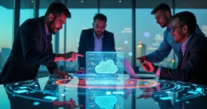 Equipe de tecnologia colaborando com hologramas de código nuvem e segurança