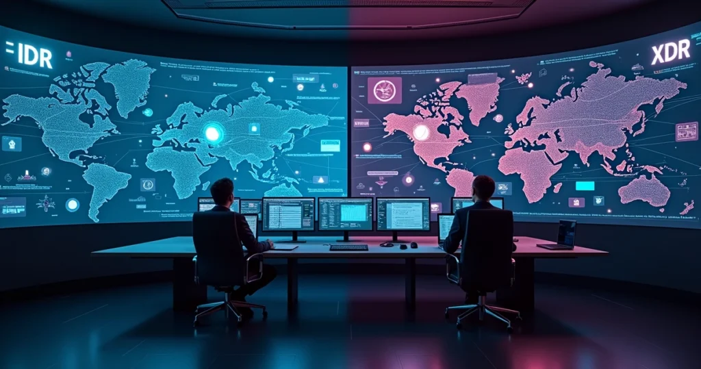 Comparação visual entre EDR e XDR em um grande painel de segurança cibernética