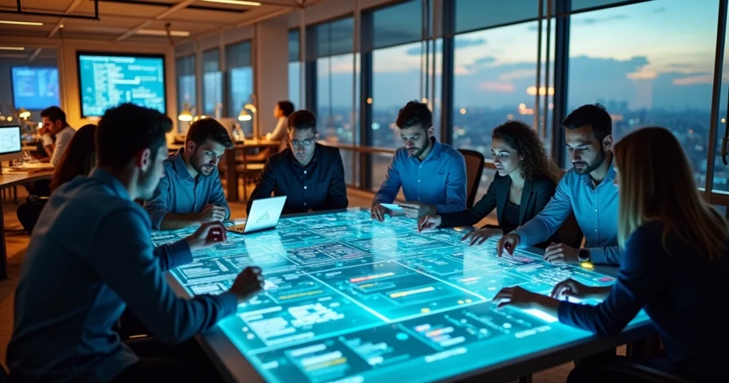 Equipe de desenvolvimento colaborando em mesa digital moderna