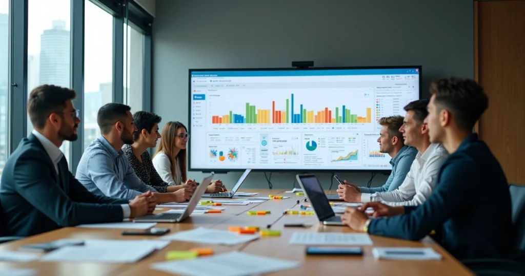 Equipe de negócios analisando painel de CRM em grande mesa de trabalho