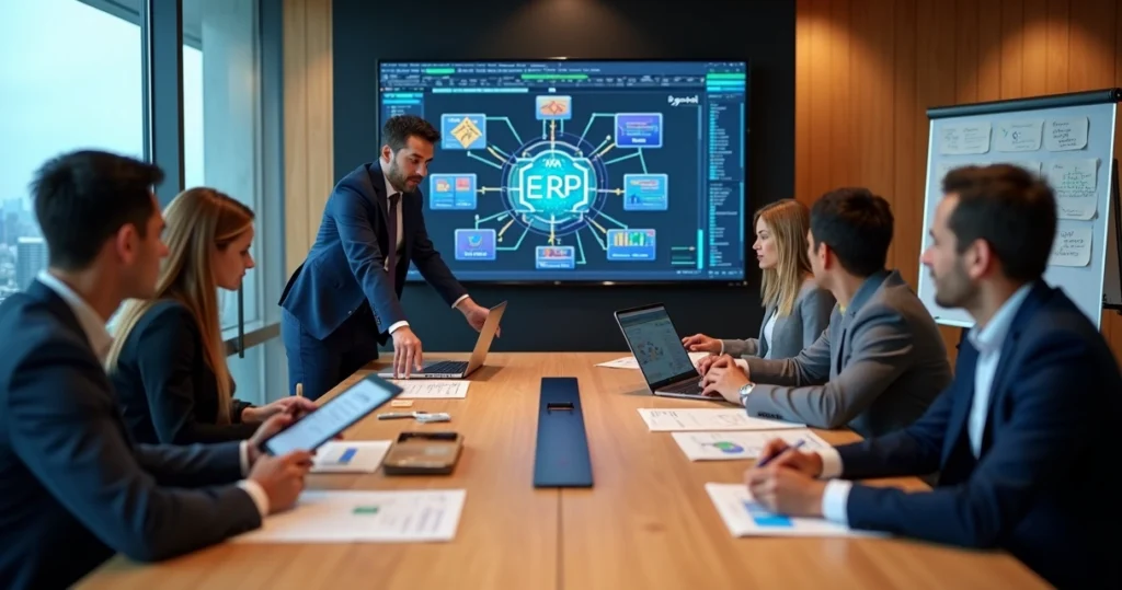 Equipe de negócio e TI colaborando em projeto de sistema personalizado em sala de reunião moderna