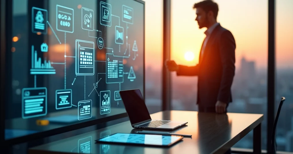 Gestora avaliando opções de empresas de desenvolvimento de software em mural digital interativo