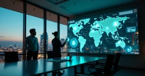 Ambiente corporativo protegido com camadas digitais de segurança cibernética