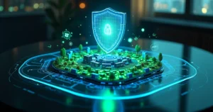 Escudo digital protegendo infraestrutura corporativa em três camadas