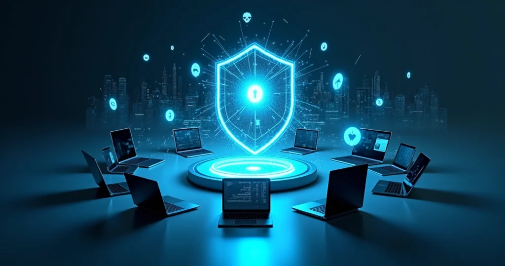 Escudo digital brilhante protegendo múltiplos dispositivos corporativos conectados