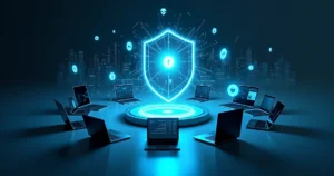 Escudo digital brilhante protegendo múltiplos dispositivos corporativos conectados