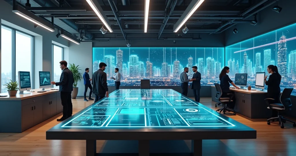 Equipe multidisciplinar desenvolvendo software em espaço colaborativo moderno