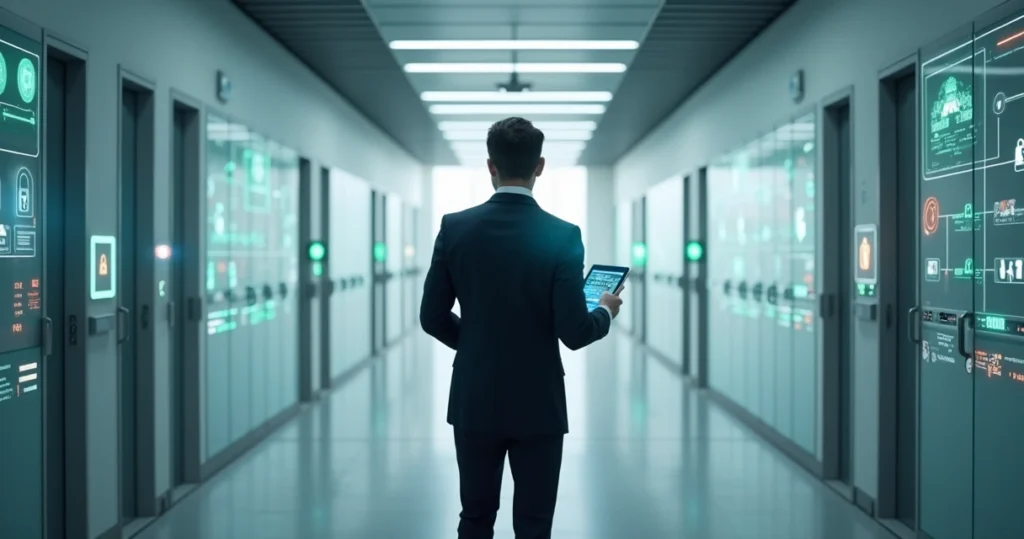 Profissional de TI caminhando por corredor com portas digitais representando gestão de acessos corporativos