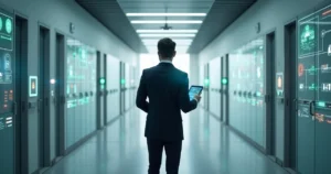 Profissional de TI caminhando por corredor com portas digitais representando gestão de acessos corporativos