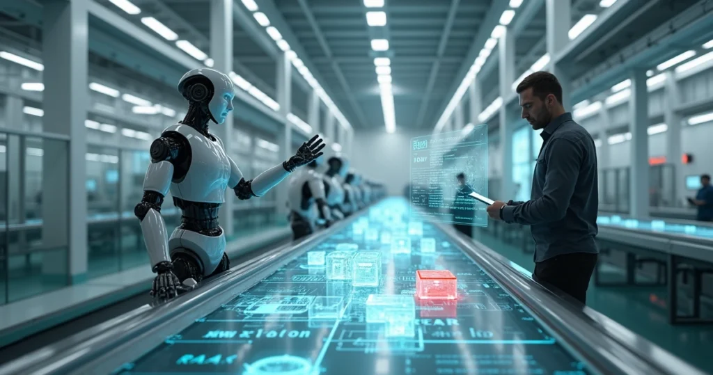Robô autônomo parando esteira de produção digital ao detectar erro