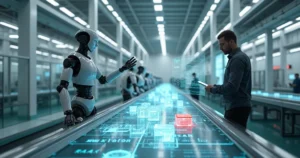 Robô autônomo parando esteira de produção digital ao detectar erro