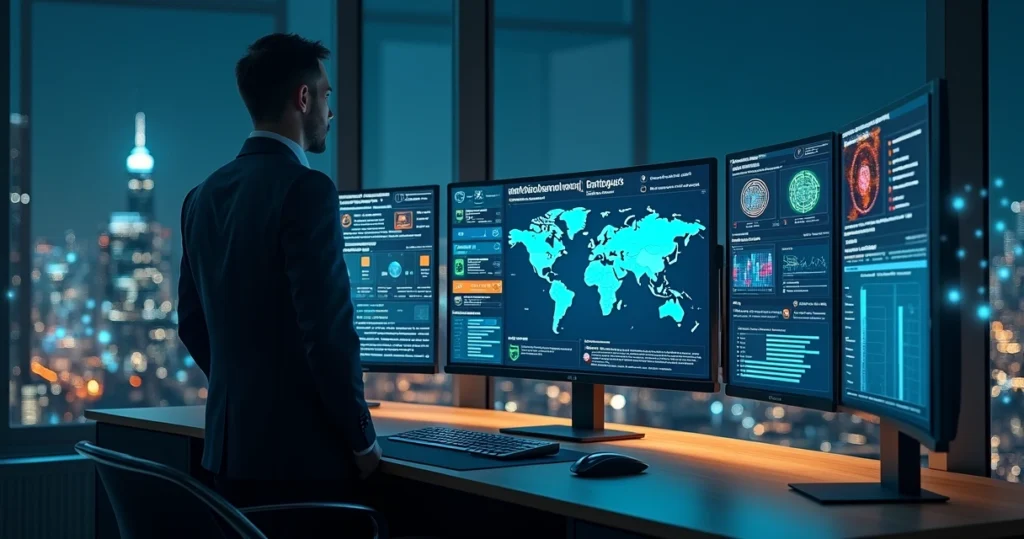 Gestor observando painel de controle de antivírus corporativo com proteção em múltiplos computadores