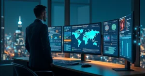 Gestor observando painel de controle de antivírus corporativo com proteção em múltiplos computadores