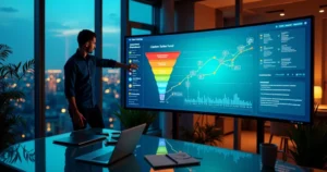 Profissional ajustando painel digital com funil de vendas em tela ampla