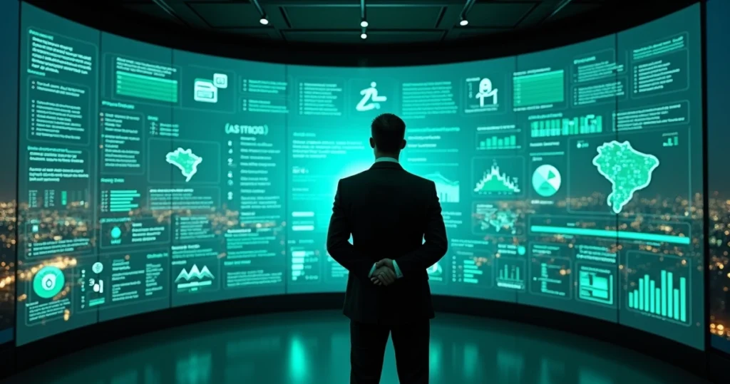 Executiva observa painel digital verde com ícones de proteção de dados