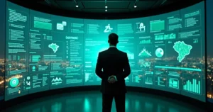 Executiva observa painel digital verde com ícones de proteção de dados