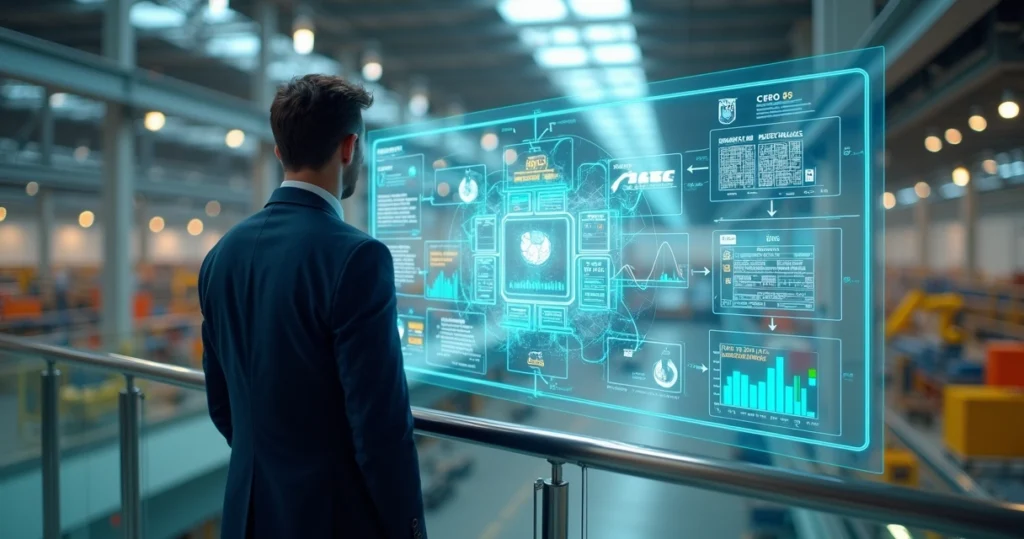 Gestor observa painel personalizado integrando operação industrial e dados de negócio