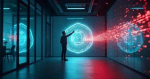 Profissional de TI humano paralelo bloqueando fluxo de dados digitais com barreira luminosa