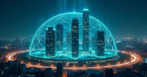 Camada de proteção digital envolvendo prédios corporativos modernos