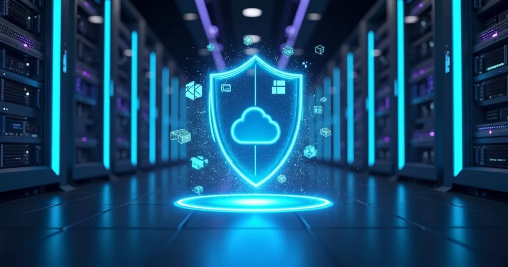 Sala de servidores digital com escudo luminoso protegendo ícones da Microsoft e Azure