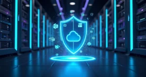 Sala de servidores digital com escudo luminoso protegendo ícones da Microsoft e Azure