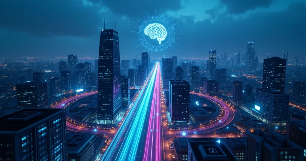Fluxos de dados iluminados atravessando cidade noturna com IA protegida por anéis de segurança