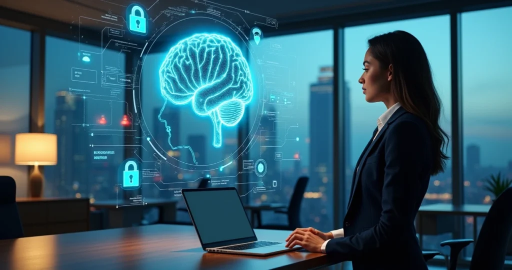Executiva olhando holograma de cérebro de IA protegendo arquivos contra ransomware