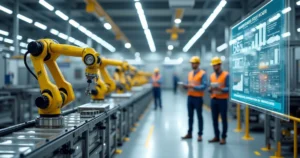 Linha de produção industrial com braços robóticos colaborativos e tela mostrando indicadores de RPA
