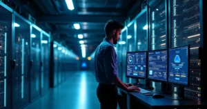Profissional de TI em sala de servidores monitorando painel de backup em nuvem