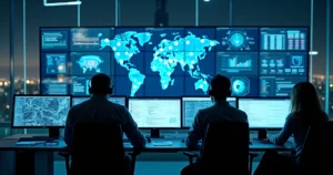 Equipe de TI em sala escura analisando painel de segurança cibernética em vários monitores