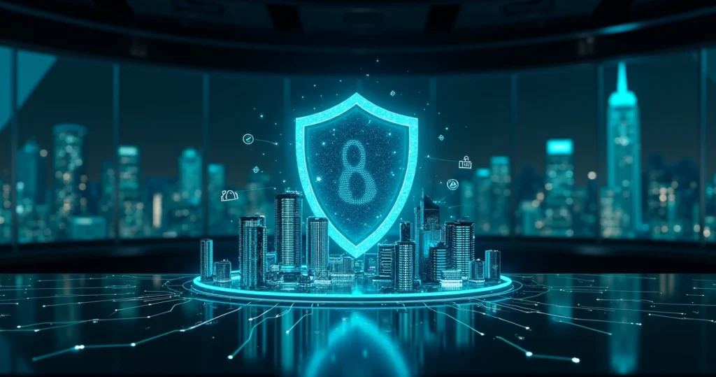 Rede corporativa representada por cidade de dados protegida por escudo digital