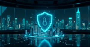 Rede corporativa representada por cidade de dados protegida por escudo digital