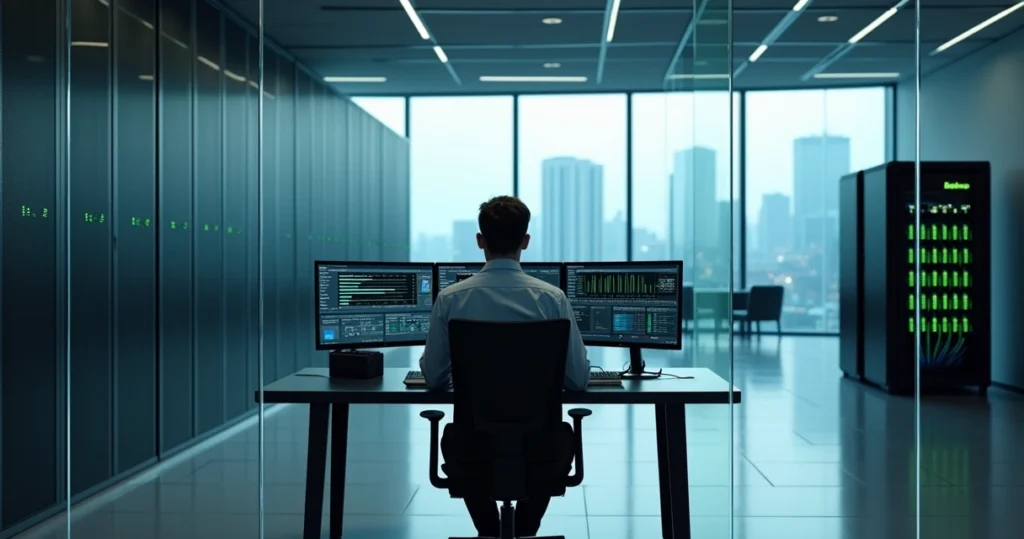 Profissional de TI observando painéis de backup em sala de servidores moderna