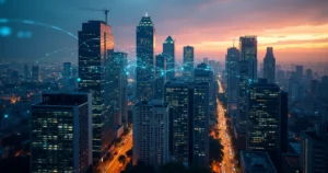 Horizonte de São Paulo à noite com conexão digital simbolizando ecossistema de software