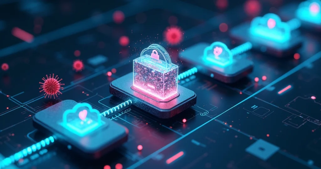 Centro de dados em nuvem com linha do tempo digital bloqueando ataque cibernético