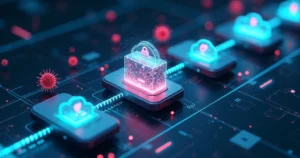 Centro de dados em nuvem com linha do tempo digital bloqueando ataque cibernético