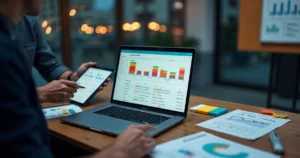 Consultores configurando fluxo de clientes em painel de CRM na tela de notebook